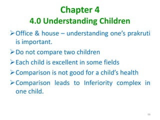 Chapter 4
4.0 Understanding Children
Office & house – understanding one’s prakruti
is important.
Do not compare two children
Each child is excellent in some fields
Comparison is not good for a child’s health
Comparison leads to Inferiority complex in
one child.
99
 