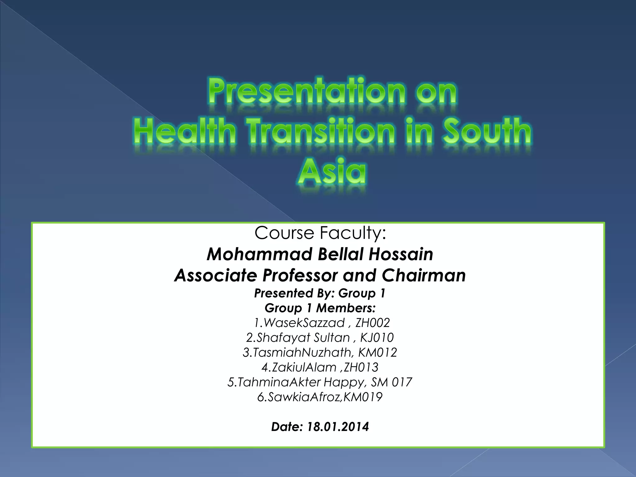 Course Faculty: 
Mohammad Bellal Hossain 
Associate Professor and Chairman 
Presented By: Group 1 
Group 1 Members: 
1.WasekSazzad , ZH002 
2.Shafayat Sultan , KJ010 
3.TasmiahNuzhath, KM012 
4.ZakiulAlam ,ZH013 
5.TahminaAkter Happy, SM 017 
6.SawkiaAfroz,KM019 
Date: 18.01.2014 
 