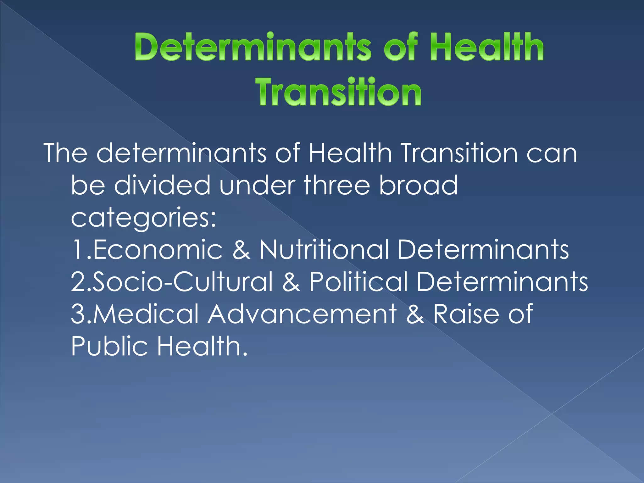 The determinants of Health Transition can 
be divided under three broad 
categories: 
1.Economic & Nutritional Determinants 
2.Socio-Cultural & Political Determinants 
3.Medical Advancement & Raise of 
Public Health. 
 