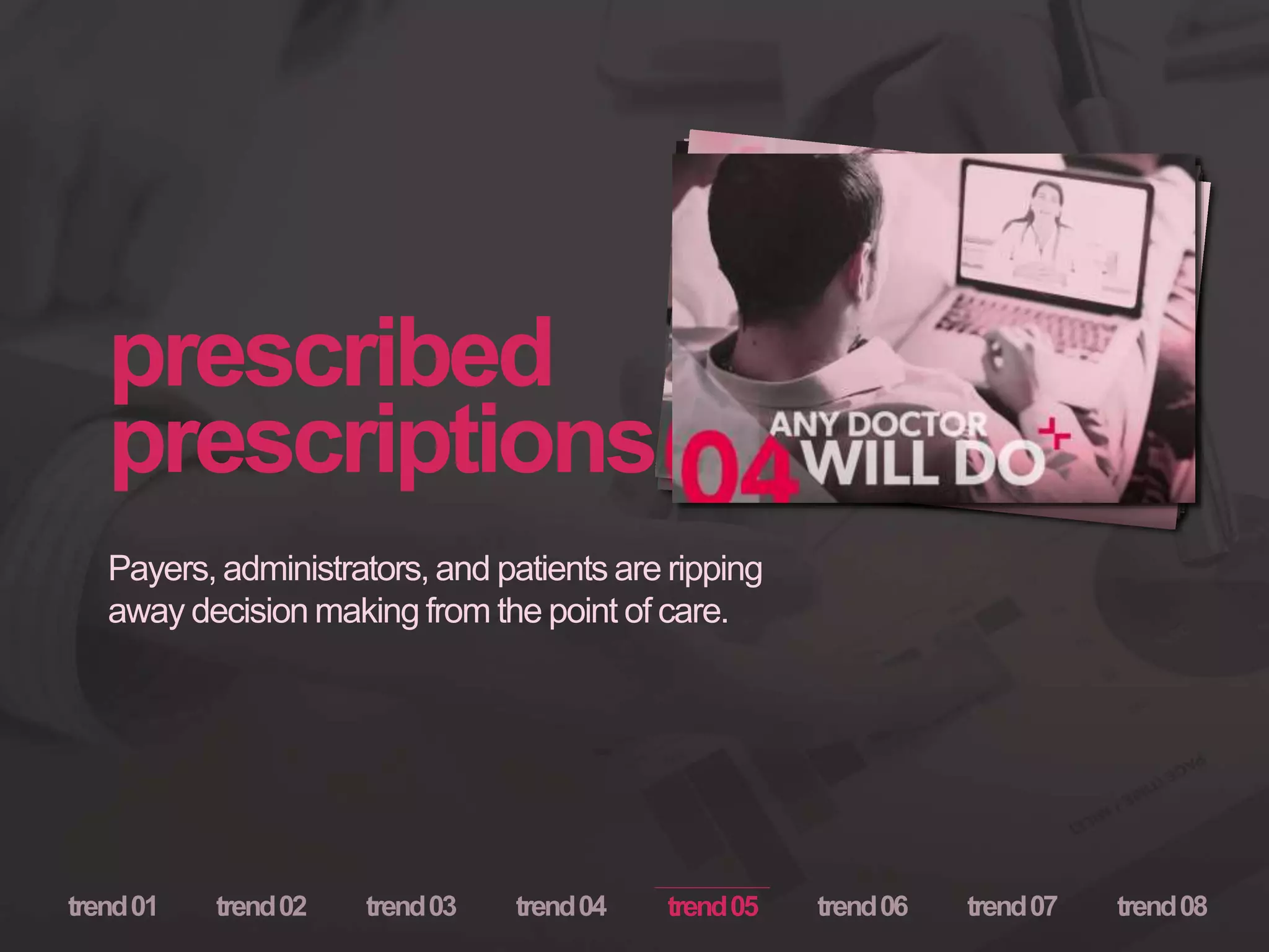 prescribed
prescriptions
Payers, administrators, and patients are ripping
away decision making from the point of care.
trend05
 