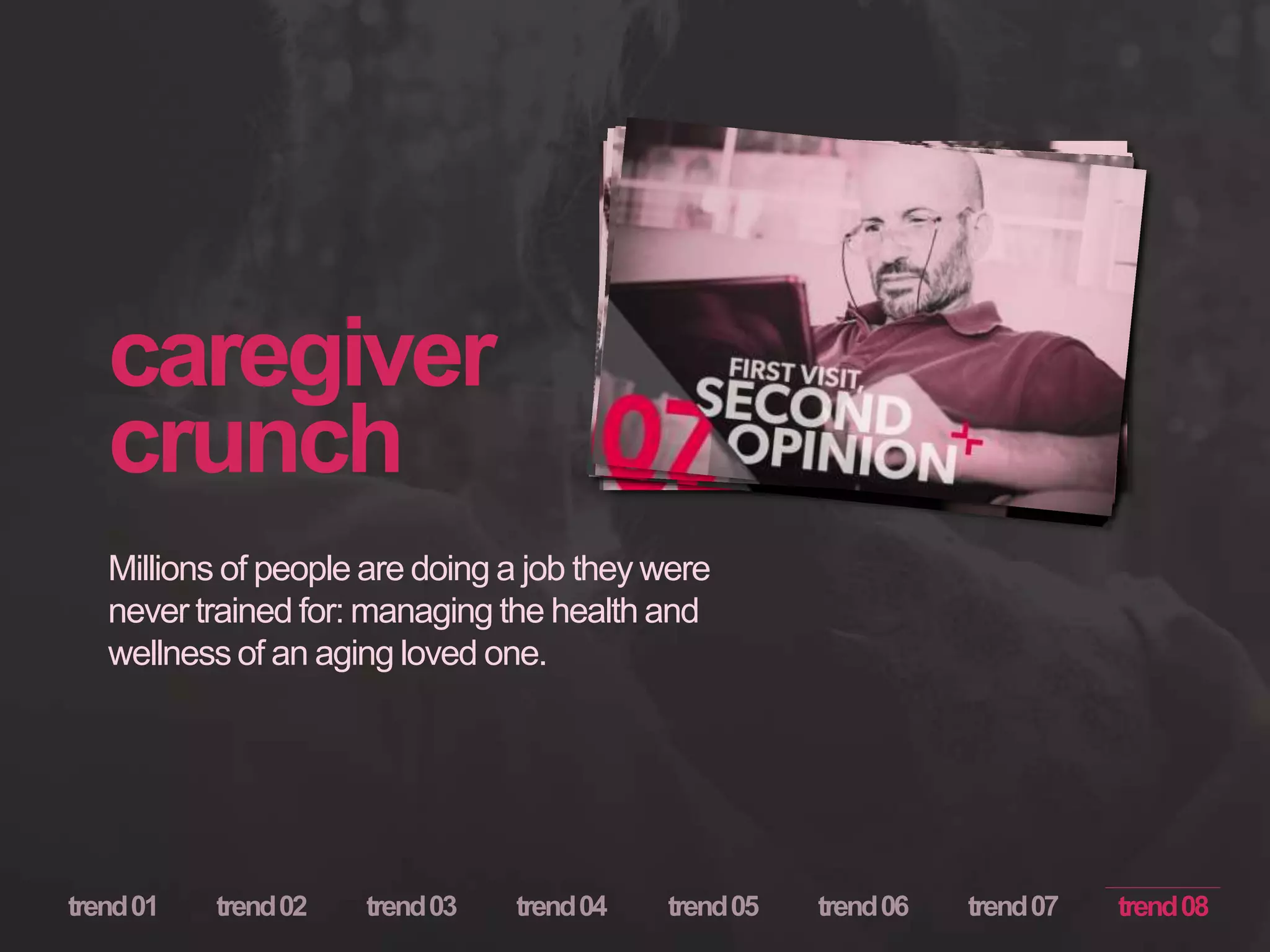 caregiver
crunch
Millions of people are doing a job they were
never trained for: managing the health and
wellness of an aging loved one.
trend08
 