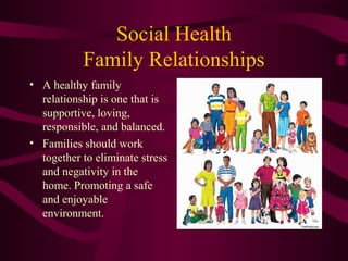 Social Health
Family Relationships
• A healthy family
relationship is one that is
supportive, loving,
responsible, and balanced.
• Families should work
together to eliminate stress
and negativity in the
home. Promoting a safe
and enjoyable
environment.
 