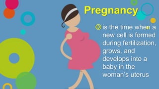 Pregnancy
◎is the time when a
new cell is formed
during fertilization,
grows, and
develops into a
baby in the
woman’s uterus
 