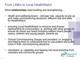 What  relationships  need building and strengthening… Health and wellbeing board – stronger role, capacity to join up and make commissioning decisions; different role and skills for HealthWatch; ensuring Local HealthWatch is inclusive and diverse representing its communities i.e. working with other groups to ensure all voices are heard including seldom heard people, carers, children and young people, parents etc Clinical Commissioning Groups and providers i.e. engaging and helping them to understand how to use patient and public voice in their commissioning decisions volunteers i.e. capability and tapping into local expertise from voluntary and community groups From LINKs to Local HealthWatch 