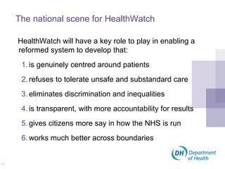 The national scene for HealthWatch HealthWatch will have a key role to play in enabling a reformed system to develop that: is genuinely centred around patients  refuses to tolerate unsafe and substandard care eliminates discrimination and inequalities is transparent, with more accountability for results gives citizens more say in how the NHS is run works much better across boundaries 
