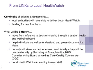 From LINKs to Local HealthWatch Continuity  of existing arrangements… local authorities will have duty to deliver Local HealthWatch funding for new functions  What will be  different … move from influence to decision-making through a seat on health and wellbeing board help individuals as well as understand and present community views not only will views and experiences count locally – they will be used nationally by Secretary of State, Monitor, NHS Commissioning Board as well as Care Quality Commission (CQC) Local HealthWatch can employ its own staff 