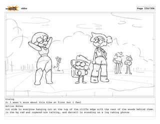 Dialog
S: I wasn't sure about this hike at first but i feel
Action Notes
cut wide to everyone hanging out at the top of the cliffs edge with the rest of the woods behind them.
in the bg rad and raymond are talking, and darrell is standing on a log taking photos
okko Page 234/306
 