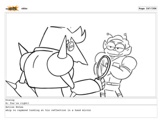 Dialog
R: You're right!
Action Notes
whip to raymond looking at his reflection in a hand mirror
okko Page 247/306
 