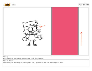 Dialog
KO: Exercise can help reduce the risk of disease
Action Notes
overshoot on ko whiping into position, gesturing at the rectangular box
okko Page 255/306
 
