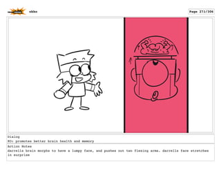 Dialog
KO: promotes better brain health and memory
Action Notes
darrells brain morphs to have a lumpy face, and pushes out two flexing arms. darrells face stretches
in surprise
okko Page 271/306
 