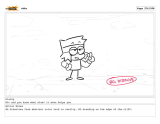 Dialog
KO: and you know what else? it even helps you
Action Notes
BG dissolves from abstract color card to reality. KO standing on the edge of the cliff.
okko Page 276/306
 