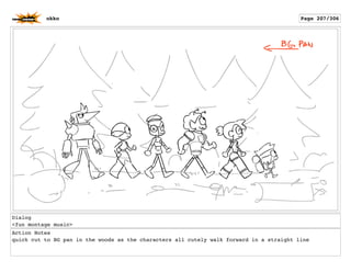 Dialog
<fun montage music>
Action Notes
quick cut to BG pan in the woods as the characters all cutely walk forward in a straight line
okko Page 207/306
 