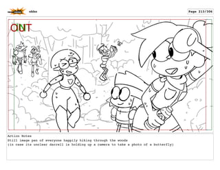 Action Notes
Still image pan of everyone happily hiking through the woods
(in case its unclear darrell is holding up a camera to take a photo of a butterfly)
okko Page 213/306
 