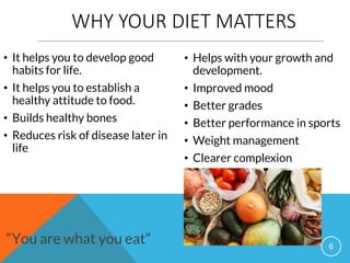 6
“You are what you eat”
WHY YOUR DIET MATTERS
• It helps you to develop good
habits for life.
• It helps you to establish a
healthy attitude to food.
• Builds healthy bones
• Reduces risk of disease later in
life
• Helps with your growth and
development.
• Improved mood
• Better grades
• Better performance in sports
• Weight management
• Clearer complexion
 