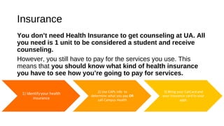 Insurance
You don’t need Health Insurance to get counseling at UA. All
you need is 1 unit to be considered a student and receive
counseling.
However, you still have to pay for the services you use. This
means that you should know what kind of health insurance
you have to see how you’re going to pay for services.
 