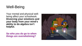 Well-Being
Your mental and physical well-
being affect your schoolwork.
Divorcing your emotions and
your body from your mind’s
ability to do algebra isn’t
helpful.
So who you do go to when
things are overwhelming?
 