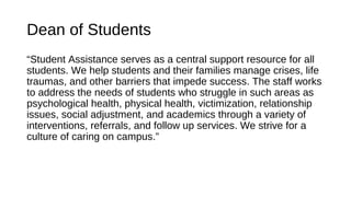 Dean of Students
“Student Assistance serves as a central support resource for all
students. We help students and their families manage crises, life
traumas, and other barriers that impede success. The staff works
to address the needs of students who struggle in such areas as
psychological health, physical health, victimization, relationship
issues, social adjustment, and academics through a variety of
interventions, referrals, and follow up services. We strive for a
culture of caring on campus.”
 