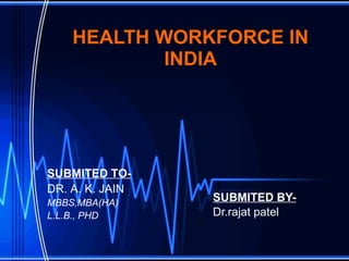 HEALTH WORKFORCE IN INDIA SUBMITED BY- Dr.rajat patel SUBMITED TO- DR. A. K. JAIN MBBS,MBA(HA) L.L.B., PHD 