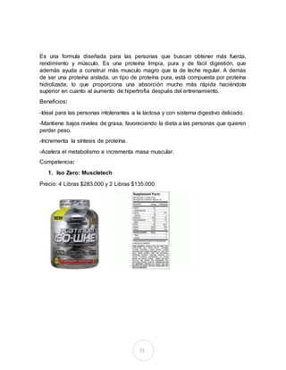 11
Es una formula diseñada para las personas que buscan obtener más fuerza,
rendimiento y músculo. Es una proteína limpia, pura y de fácil digestión, que
además ayuda a construir más musculo magro que la de leche regular. A demás
de ser una proteína aislada, un tipo de proteína pura, está compuesta por proteína
hidrolizada; lo que proporciona una absorción mucho más rápida haciéndola
superior en cuanto al aumento de hipertrofia después del entrenamiento.
Beneficios:
-Ideal para las personas intolerantes a la lactosa y con sistema digestivo delicado.
-Mantiene bajos niveles de grasa, favoreciendo la dieta a las personas que quieren
perder peso.
-Incrementa la síntesis de proteína.
-Acelera el metabolismo e incrementa masa muscular.
Competencia:
1. Iso Zero: Muscletech
Precio: 4 Libras $283.000 y 2 Libras $135.000
 