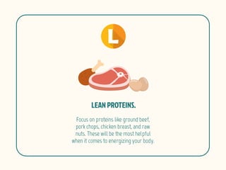 Focus on proteins like ground beef,
pork chops, chicken breast, and raw
nuts. These will be the most helpful
when it comes to energizing your body.
 