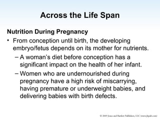 Across the Life Span Nutrition During Pregnancy   From conception until birth, the developing embryo/fetus depends on its mother for nutrients. A woman’s diet before conception has a significant impact on the health of her infant. Women who are undernourished during pregnancy have a high risk of miscarrying, having premature or underweight babies, and delivering babies with birth defects. 