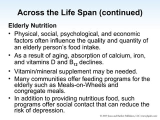 Across the Life Span (continued) Elderly Nutrition   Physical, social, psychological, and economic factors often influence the quality and quantity of an elderly person’s food intake. As a result of aging, absorption of calcium, iron, and vitamins D and B 12   declines. Vitamin/mineral supplement may be needed. Many communities offer feeding programs for the elderly such as Meals-on-Wheels and congregate meals. In addition to providing nutritious food, such programs offer social contact that can reduce the risk of depression. 