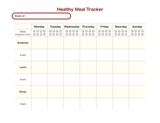 Healthy Meal Tracker
Week of:



                      Monday    Tuesday   Wednesday   Thursday    Friday   Saturday   Sunday

     Water                                                       
(8 glasses of 8oz.)                                              


  Breakfast




     Snack




     Lunch




     Snack




     Dinner




     Snack
 