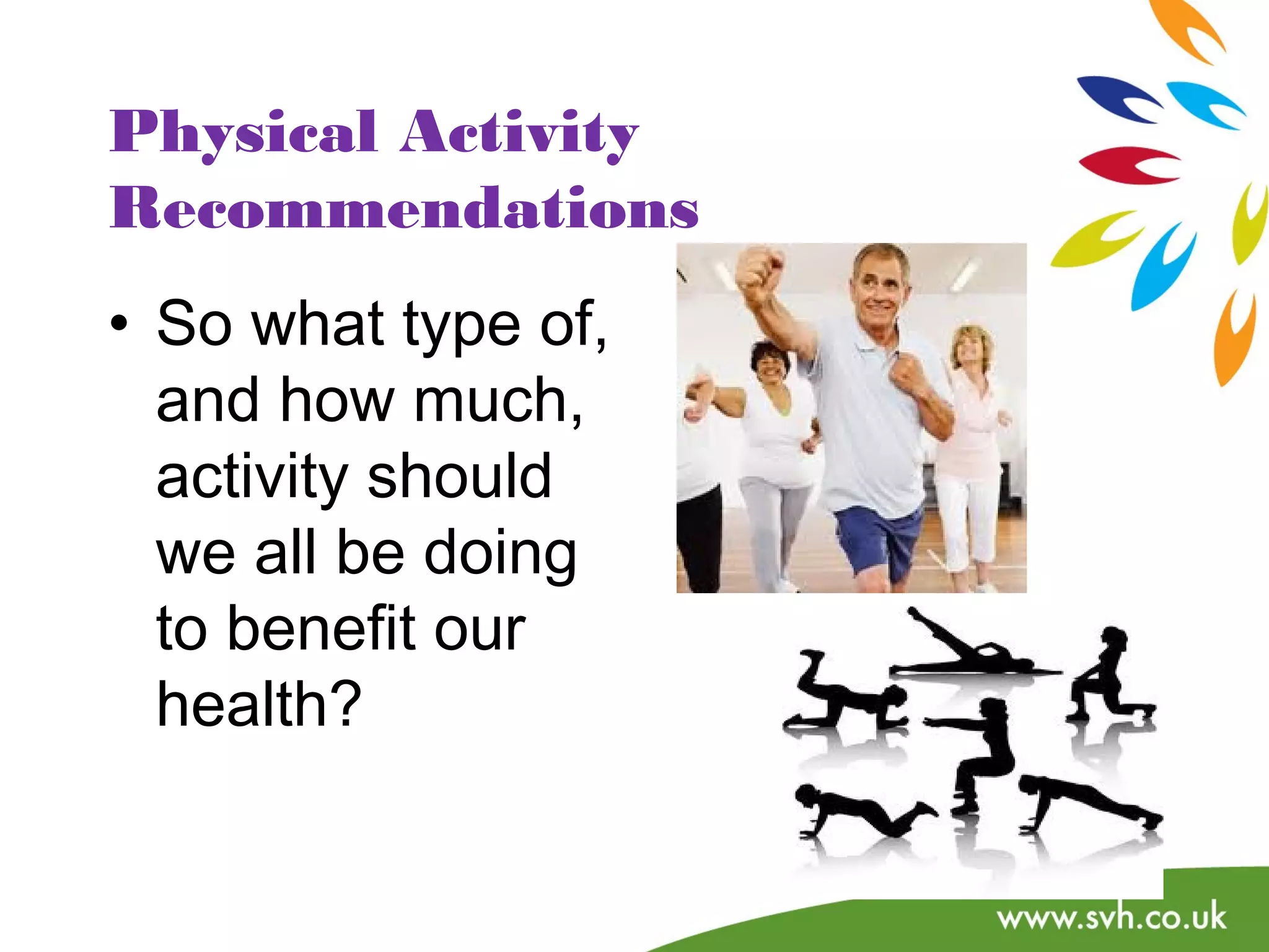 Physical Activity 
Recommendations 
• So what type of, 
and how much, 
activity should 
we all be doing 
to benefit our 
health? 
 