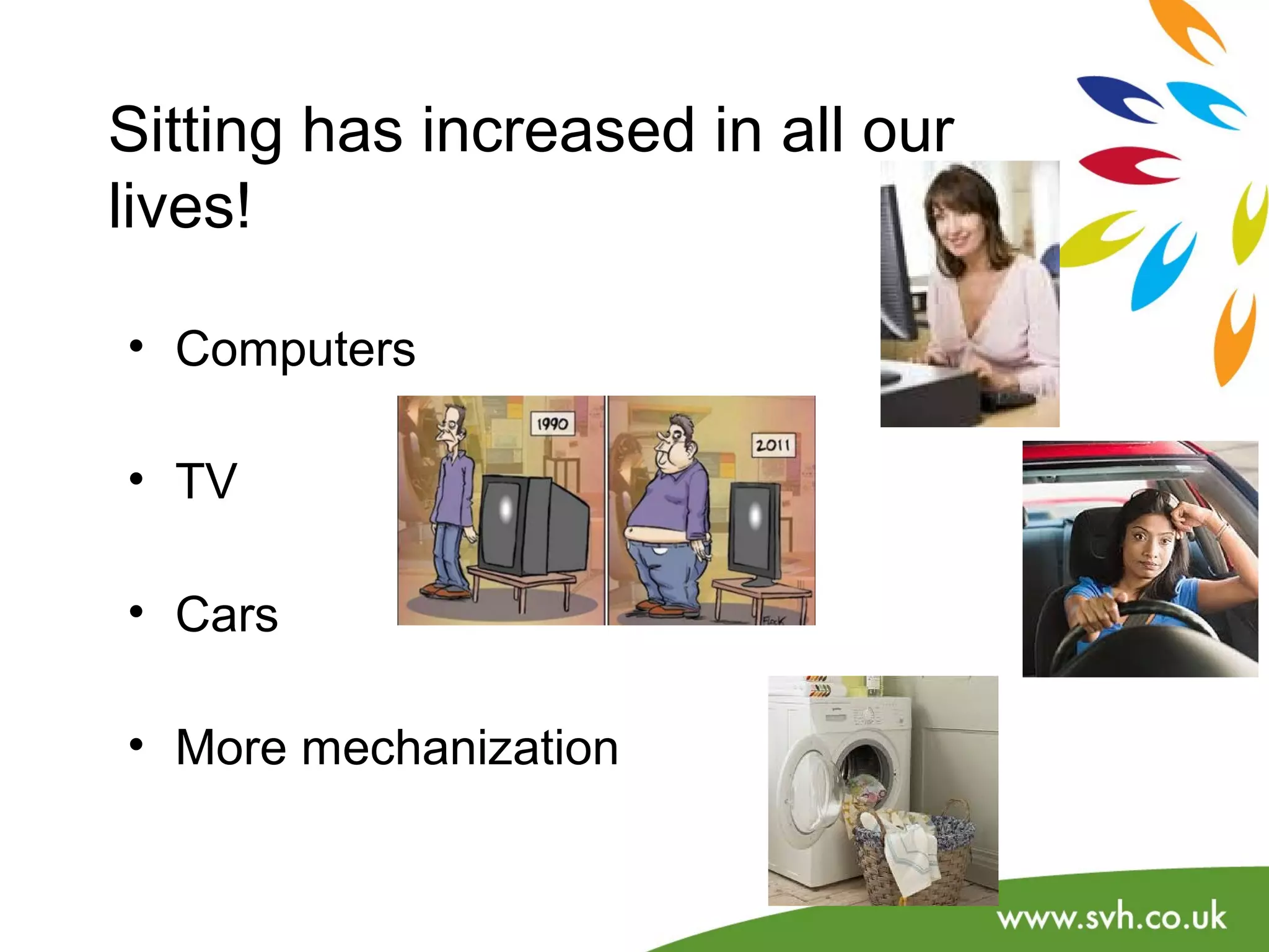Sitting has increased in all our 
lives! 
• Computers 
• TV 
• Cars 
• More mechanization 
 