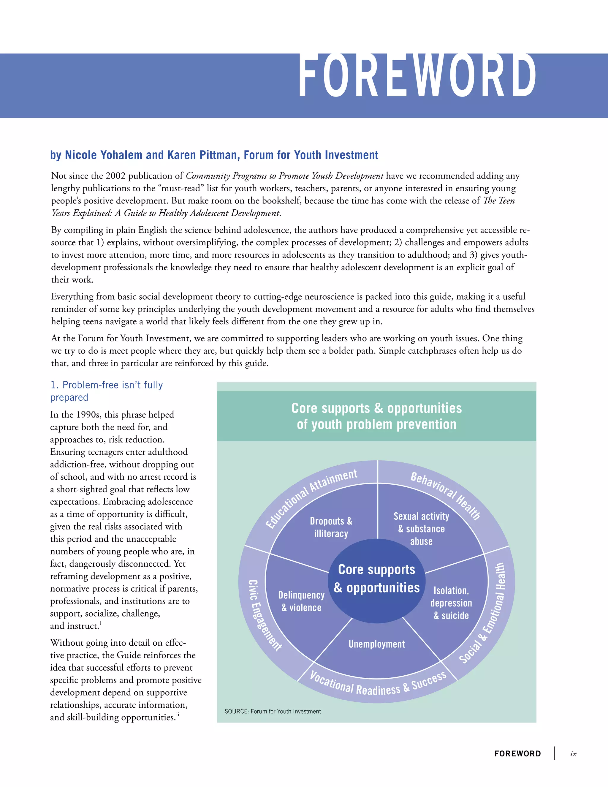 ixforeword
foreword
Not since the 2002 publication of Community Programs to Promote Youth Development have we recommended adding any
lengthy publications to the “must-read” list for youth workers, teachers, parents, or anyone interested in ensuring young
people’s positive development. But make room on the bookshelf, because the time has come with the release of The Teen
Years Explained: A Guide to Healthy Adolescent Development.
By compiling in plain English the science behind adolescence, the authors have produced a comprehensive yet accessible re-
source that 1) explains, without oversimplifying, the complex processes of development; 2) challenges and empowers adults
to invest more attention, more time, and more resources in adolescents as they transition to adulthood; and 3) gives youth-
development professionals the knowledge they need to ensure that healthy adolescent development is an explicit goal of
their work.
Everything from basic social development theory to cutting-edge neuroscience is packed into this guide, making it a useful
reminder of some key principles underlying the youth development movement and a resource for adults who find themselves
helping teens navigate a world that likely feels different from the one they grew up in.
At the Forum for Youth Investment, we are committed to supporting leaders who are working on youth issues. One thing
we try to do is meet people where they are, but quickly help them see a bolder path. Simple catchphrases often help us do
that, and three in particular are reinforced by this guide.
by Nicole Yohalem and Karen Pittman, Forum for Youth Investment
Core supports
& opportunities
Behavioral Hea
lth
Educ
ational Attainment
Dropouts &
illiteracy
Delinquency
& violence
Isolation,
depression
& suicide
Unemployment
Sexual activity
& substance
abuse
S
ocial&EmotionalHealth
Vocational Readiness & Success
CivicEngagement
1. Problem-free isn’t fully
prepared
In the 1990s, this phrase helped
capture both the need for, and
approaches to, risk reduction.
Ensuring teenagers enter adulthood
addiction-free, without dropping out
of school, and with no arrest record is
a short-sighted goal that reflects low
expectations. Embracing adolescence
as a time of opportunity is difficult,
given the real risks associated with
this period and the unacceptable
numbers of young people who are, in
fact, dangerously disconnected. Yet
reframing development as a positive,
normative process is critical if parents,
professionals, and institutions are to
support, socialize, challenge,
and instruct.i
Without going into detail on effec-
tive practice, the Guide reinforces the
idea that successful efforts to prevent
specific problems and promote positive
development depend on supportive
relationships, accurate information,
and skill-building opportunities.ii
Core supports & opportunities
of youth problem prevention
SOURCE: Forum for Youth Investment
 