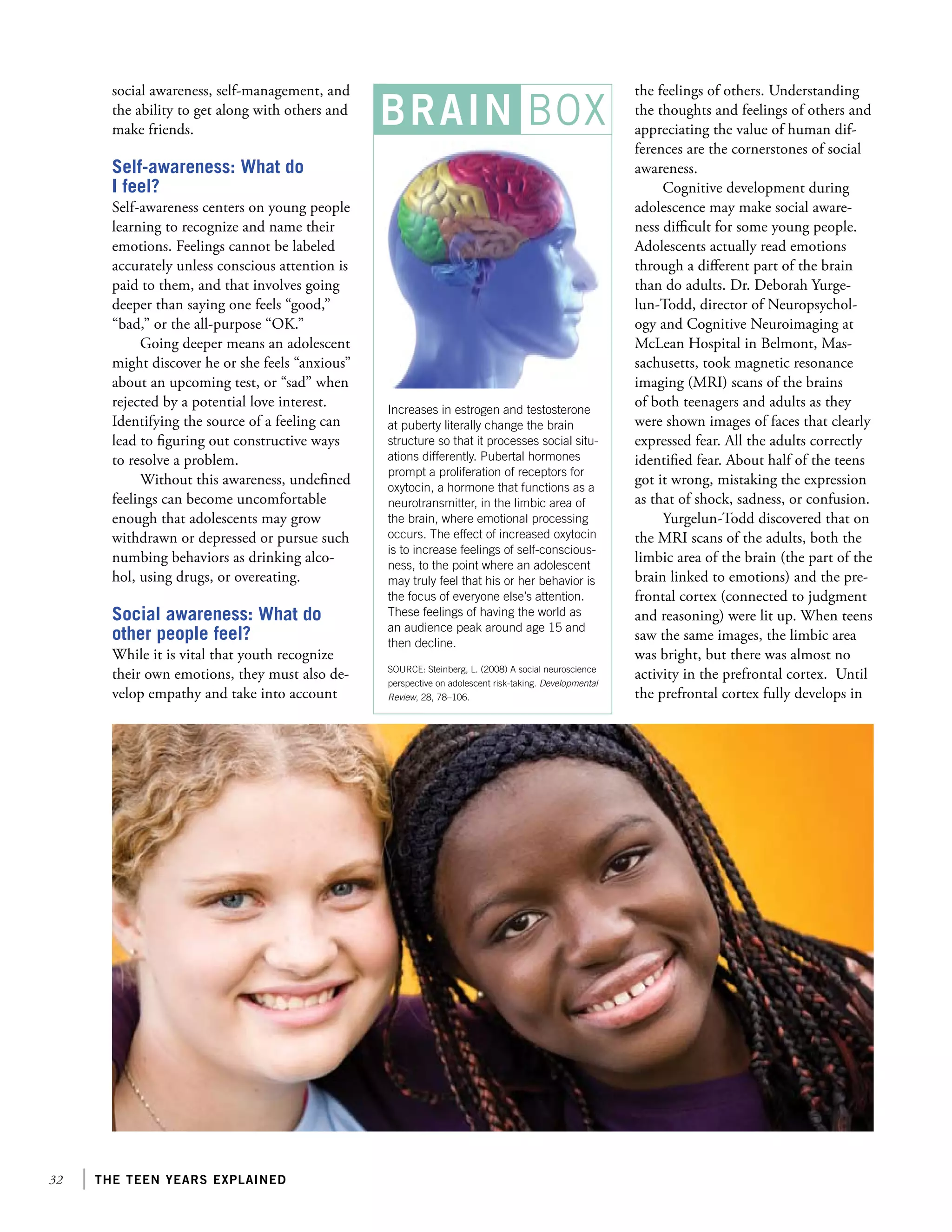 32 the teen years explained
social awareness, self-management, and
the ability to get along with others and
make friends.
Self-awareness: What do
I feel?
Self-awareness centers on young people
learning to recognize and name their
emotions. Feelings cannot be labeled
accurately unless conscious attention is
paid to them, and that involves going
deeper than saying one feels “good,”
“bad,” or the all-purpose “OK.”
Going deeper means an adolescent
might discover he or she feels “anxious”
about an upcoming test, or “sad” when
rejected by a potential love interest.
Identifying the source of a feeling can
lead to figuring out constructive ways
to resolve a problem.
Without this awareness, undefined
feelings can become uncomfortable
enough that adolescents may grow
withdrawn or depressed or pursue such
numbing behaviors as drinking alco-
hol, using drugs, or overeating.
Social awareness: What do
other people feel?
While it is vital that youth recognize
their own emotions, they must also de-
velop empathy and take into account
the feelings of others. Understanding
the thoughts and feelings of others and
appreciating the value of human dif-
ferences are the cornerstones of social
awareness.
Cognitive development during
adolescence may make social aware-
ness difficult for some young people.
Adolescents actually read emotions
through a different part of the brain
than do adults. Dr. Deborah Yurge-
lun-Todd, director of Neuropsychol-
ogy and Cognitive Neuroimaging at
McLean Hospital in Belmont, Mas-
sachusetts, took magnetic resonance
imaging (MRI) scans of the brains
of both teenagers and adults as they
were shown images of faces that clearly
expressed fear. All the adults correctly
identified fear. About half of the teens
got it wrong, mistaking the expression
as that of shock, sadness, or confusion.
Yurgelun-Todd discovered that on
the MRI scans of the adults, both the
limbic area of the brain (the part of the
brain linked to emotions) and the pre-
frontal cortex (connected to judgment
and reasoning) were lit up. When teens
saw the same images, the limbic area
was bright, but there was almost no
activity in the prefrontal cortex. Until
the prefrontal cortex fully develops in
Increases in estrogen and testosterone
at puberty literally change the brain
structure so that it processes social situ-
ations differently. Pubertal hormones
prompt a proliferation of receptors for
oxytocin, a hormone that functions as a
neurotransmitter, in the limbic area of
the brain, where emotional processing
occurs. The effect of increased oxytocin
is to increase feelings of self-conscious-
ness, to the point where an adolescent
may truly feel that his or her behavior is
the focus of everyone else’s attention.
These feelings of having the world as
an audience peak around age 15 and
then decline.
SOURCE: Steinberg, L. (2008) A social neuroscience
perspective on adolescent risk-taking. Developmental
Review, 28, 78–106.
BRAIN BOX
 
