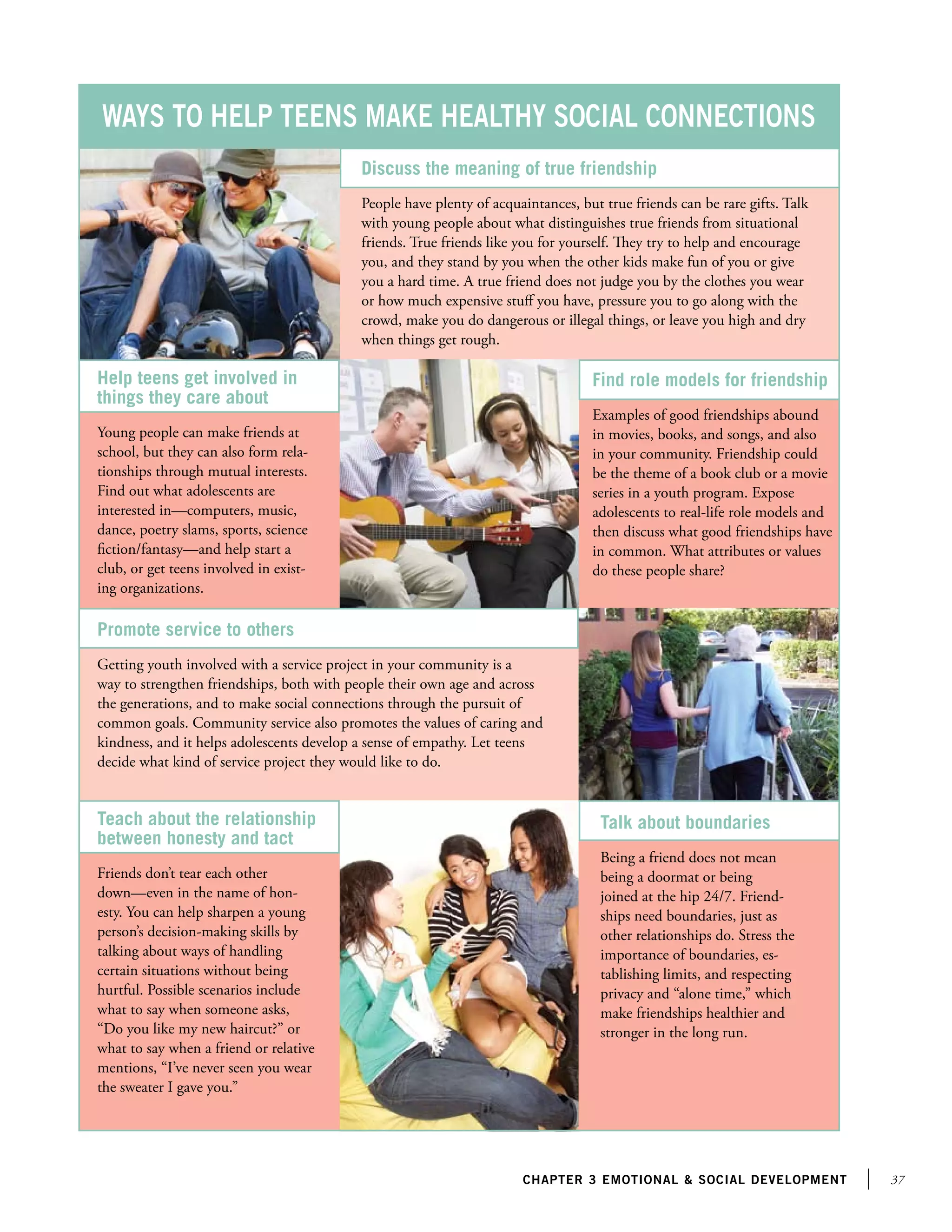 37chapter 3 emotional  social development
Ways to help teens make healthy social connections
Discuss the meaning of true friendship
People have plenty of acquaintances, but true friends can be rare gifts. Talk
with young people about what distinguishes true friends from situational
friends. True friends like you for yourself. They try to help and encourage
you, and they stand by you when the other kids make fun of you or give
you a hard time. A true friend does not judge you by the clothes you wear
or how much expensive stuff you have, pressure you to go along with the
crowd, make you do dangerous or illegal things, or leave you high and dry
when things get rough.
Help teens get involved in
things they care about
Young people can make friends at
school, but they can also form rela-
tionships through mutual interests.
Find out what adolescents are
interested in—computers, music,
dance, poetry slams, sports, science
fiction/fantasy—and help start a
club, or get teens involved in exist-
ing organizations.
Promote service to others
Getting youth involved with a service project in your community is a
way to strengthen friendships, both with people their own age and across
the generations, and to make social connections through the pursuit of
common goals. Community service also promotes the values of caring and
kindness, and it helps adolescents develop a sense of empathy. Let teens
decide what kind of service project they would like to do.
Talk about boundaries
Being a friend does not mean
being a doormat or being
joined at the hip 24/7. Friend-
ships need boundaries, just as
other relationships do. Stress the
importance of boundaries, es-
tablishing limits, and respecting
privacy and “alone time,” which
make friendships healthier and
stronger in the long run.
Teach about the relationship
between honesty and tact
Friends don’t tear each other
down—even in the name of hon-
esty. You can help sharpen a young
person’s decision-making skills by
talking about ways of handling
certain situations without being
hurtful. Possible scenarios include
what to say when someone asks,
“Do you like my new haircut?” or
what to say when a friend or relative
mentions, “I’ve never seen you wear
the sweater I gave you.”
Find role models for friendship
Examples of good friendships abound
in movies, books, and songs, and also
in your community. Friendship could
be the theme of a book club or a movie
series in a youth program. Expose
adolescents to real-life role models and
then discuss what good friendships have
in common. What attributes or values
do these people share?
 