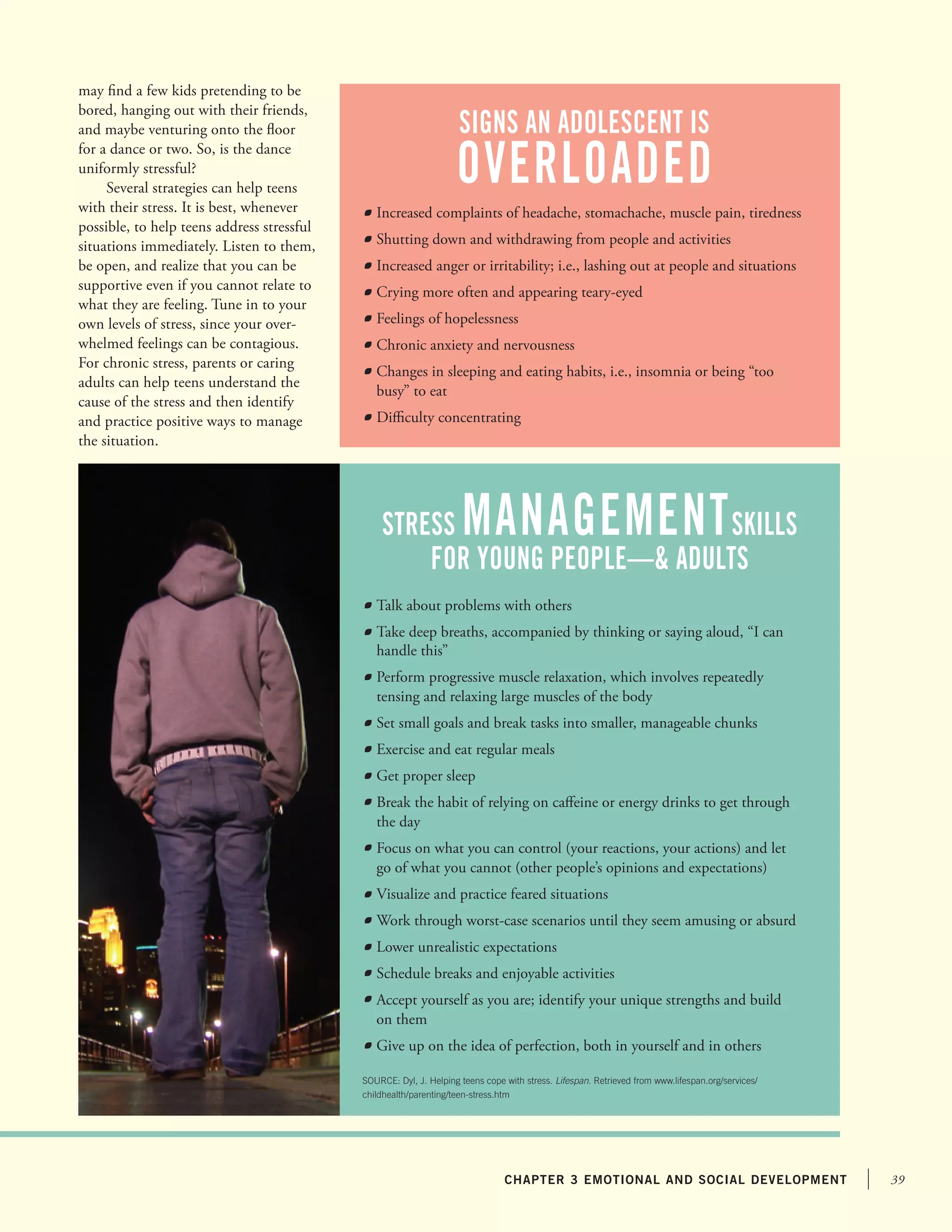 39chapter 3 emotional and social development
may find a few kids pretending to be
bored, hanging out with their friends,
and maybe venturing onto the floor
for a dance or two. So, is the dance
uniformly stressful?
Several strategies can help teens
with their stress. It is best, whenever
possible, to help teens address stressful
situations immediately. Listen to them,
be open, and realize that you can be
supportive even if you cannot relate to
what they are feeling. Tune in to your
own levels of stress, since your over-
whelmed feelings can be contagious.
For chronic stress, parents or caring
adults can help teens understand the
cause of the stress and then identify
and practice positive ways to manage
the situation.
signs an adolescent is
overloaded
stress managementskills
for young people— adults
	 Increased complaints of headache, stomachache, muscle pain, tiredness
	 Shutting down and withdrawing from people and activities
	 Increased anger or irritability; i.e., lashing out at people and situations
	 Crying more often and appearing teary-eyed
	 Feelings of hopelessness
	 Chronic anxiety and nervousness
	 Changes in sleeping and eating habits, i.e., insomnia or being “too
busy” to eat
	 Difficulty concentrating
	 Talk about problems with others
	 Take deep breaths, accompanied by thinking or saying aloud, “I can
	 handle this”
	 Perform progressive muscle relaxation, which involves repeatedly 	
	 tensing and relaxing large muscles of the body
	 Set small goals and break tasks into smaller, manageable chunks
	 Exercise and eat regular meals
	 Get proper sleep
	 Break the habit of relying on caffeine or energy drinks to get through 	
	 the day
	 Focus on what you can control (your reactions, your actions) and let 	
	 go of what you cannot (other people’s opinions and expectations)
	 Visualize and practice feared situations
	 Work through worst-case scenarios until they seem amusing or absurd
	 Lower unrealistic expectations
	 Schedule breaks and enjoyable activities
	 Accept yourself as you are; identify your unique strengths and build 	
	 on them
	 Give up on the idea of perfection, both in yourself and in others
SOURCE: Dyl, J. Helping teens cope with stress. Lifespan. Retrieved from www.lifespan.org/services/
childhealth/parenting/teen-stress.htm
 