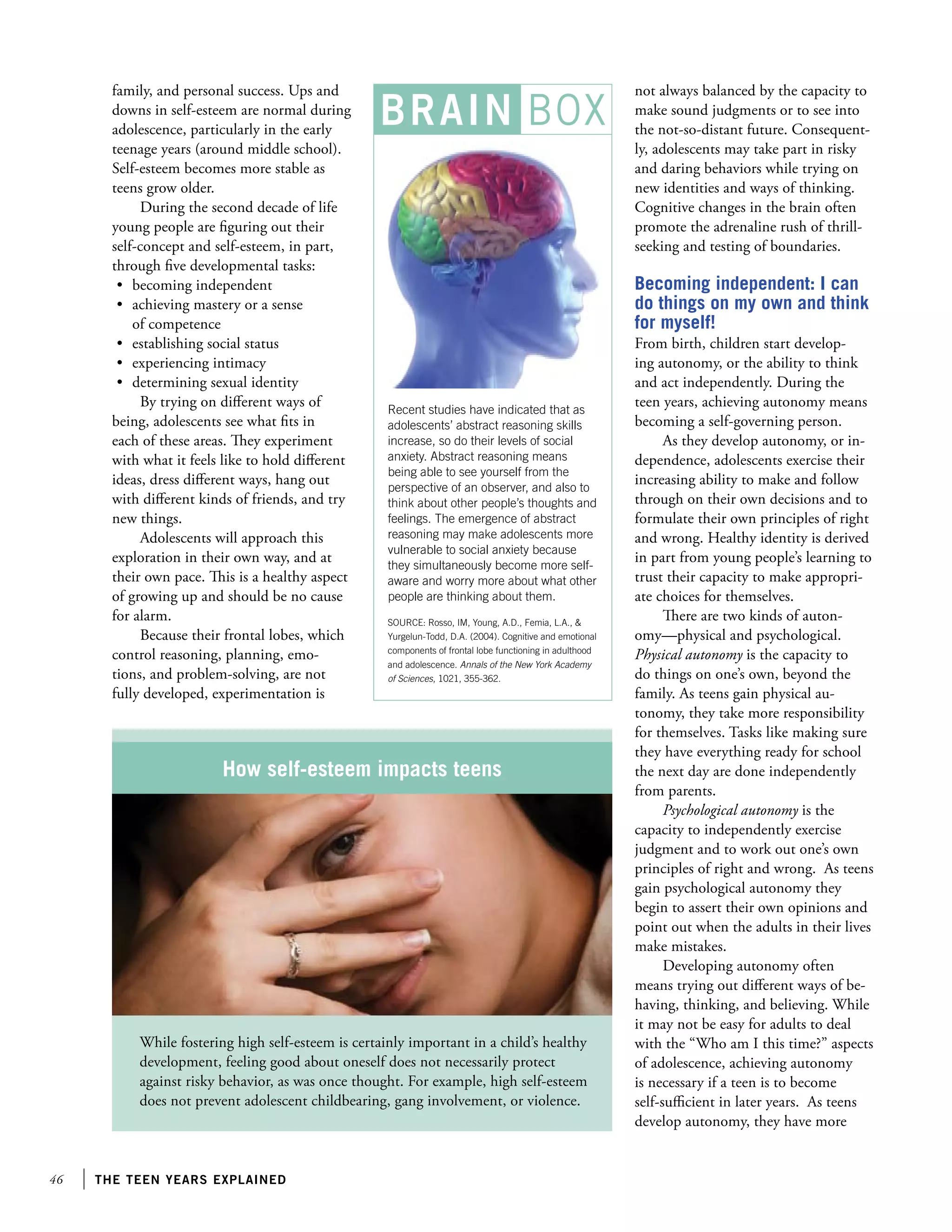 46 the teen years explained
family, and personal success. Ups and
downs in self-esteem are normal during
adolescence, particularly in the early
teenage years (around middle school).
Self-esteem becomes more stable as
teens grow older.
During the second decade of life
young people are figuring out their
self-concept and self-esteem, in part,
through five developmental tasks:
•	 becoming independent
•	 achieving mastery or a sense
	 of competence
•	 establishing social status
•	 experiencing intimacy
•	 determining sexual identity
By trying on different ways of
being, adolescents see what fits in
each of these areas. They experiment
with what it feels like to hold different
ideas, dress different ways, hang out
with different kinds of friends, and try
new things.
Adolescents will approach this
exploration in their own way, and at
their own pace. This is a healthy aspect
of growing up and should be no cause
for alarm.
Because their frontal lobes, which
control reasoning, planning, emo-
tions, and problem-solving, are not
fully developed, experimentation is
not always balanced by the capacity to
make sound judgments or to see into
the not-so-distant future. Consequent-
ly, adolescents may take part in risky
and daring behaviors while trying on
new identities and ways of thinking.
Cognitive changes in the brain often
promote the adrenaline rush of thrill-
seeking and testing of boundaries.
Becoming independent: I can
do things on my own and think
for myself!
From birth, children start develop-
ing autonomy, or the ability to think
and act independently. During the
teen years, achieving autonomy means
becoming a self-governing person.
As they develop autonomy, or in-
dependence, adolescents exercise their
increasing ability to make and follow
through on their own decisions and to
formulate their own principles of right
and wrong. Healthy identity is derived
in part from young people’s learning to
trust their capacity to make appropri-
ate choices for themselves.
There are two kinds of auton-
omy—physical and psychological.
Physical autonomy is the capacity to
do things on one’s own, beyond the
family. As teens gain physical au-
tonomy, they take more responsibility
for themselves. Tasks like making sure
they have everything ready for school
the next day are done independently
from parents.
Psychological autonomy is the
capacity to independently exercise
judgment and to work out one’s own
principles of right and wrong. As teens
gain psychological autonomy they
begin to assert their own opinions and
point out when the adults in their lives
make mistakes.
Developing autonomy often
means trying out different ways of be-
having, thinking, and believing. While
it may not be easy for adults to deal
with the “Who am I this time?” aspects
of adolescence, achieving autonomy
is necessary if a teen is to become
self-sufficient in later years. As teens
develop autonomy, they have more
Recent studies have indicated that as
adolescents’ abstract reasoning skills
increase, so do their levels of social
anxiety. Abstract reasoning means
being able to see yourself from the
perspective of an observer, and also to
think about other people’s thoughts and
feelings. The emergence of abstract
reasoning may make adolescents more
vulnerable to social anxiety because
they simultaneously become more self-
aware and worry more about what other
people are thinking about them.
SOURCE: Rosso, IM, Young, A.D., Femia, L.A., 
Yurgelun-Todd, D.A. (2004). Cognitive and emotional
components of frontal lobe functioning in adulthood
and adolescence. Annals of the New York Academy
of Sciences, 1021, 355-362.
How self-esteem impacts teens
While fostering high self-esteem is certainly important in a child’s healthy
development, feeling good about oneself does not necessarily protect
against risky behavior, as was once thought. For example, high self-esteem
does not prevent adolescent childbearing, gang involvement, or violence.
BRAIN BOX
 