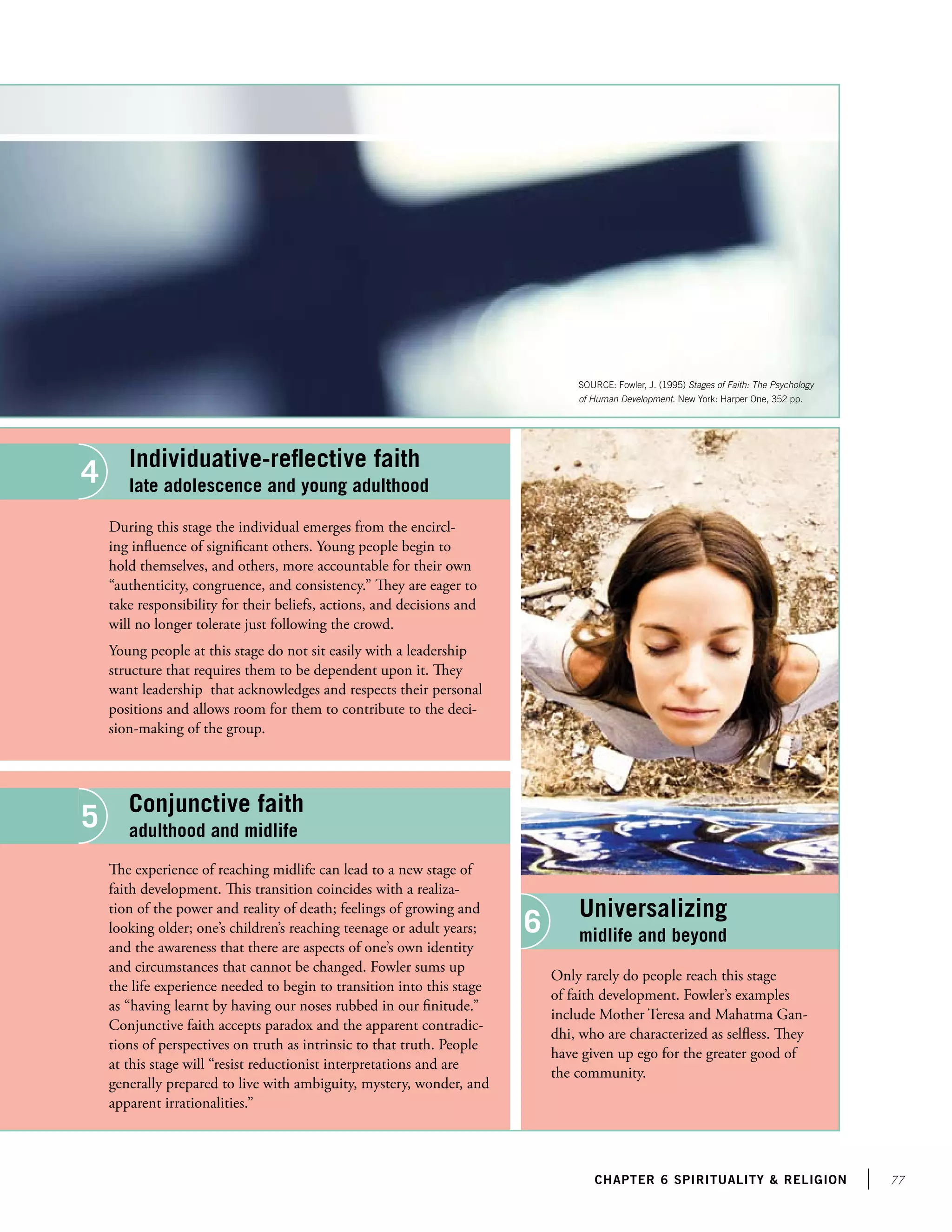 77chapter 6 Spirituality  religion
During this stage the individual emerges from the encircl-
ing influence of significant others. Young people begin to
hold themselves, and others, more accountable for their own
“authenticity, congruence, and consistency.” They are eager to
take responsibility for their beliefs, actions, and decisions and
will no longer tolerate just following the crowd.
Young people at this stage do not sit easily with a leadership
structure that requires them to be dependent upon it. They
want leadership that acknowledges and respects their personal
positions and allows room for them to contribute to the deci-
sion-making of the group.
The experience of reaching midlife can lead to a new stage of
faith development. This transition coincides with a realiza-
tion of the power and reality of death; feelings of growing and
looking older; one’s children’s reaching teenage or adult years;
and the awareness that there are aspects of one’s own identity
and circumstances that cannot be changed. Fowler sums up
the life experience needed to begin to transition into this stage
as “having learnt by having our noses rubbed in our finitude.”
Conjunctive faith accepts paradox and the apparent contradic-
tions of perspectives on truth as intrinsic to that truth. People
at this stage will “resist reductionist interpretations and are
generally prepared to live with ambiguity, mystery, wonder, and
apparent irrationalities.”
Only rarely do people reach this stage
of faith development. Fowler’s examples
include Mother Teresa and Mahatma Gan-
dhi, who are characterized as selfless. They
have given up ego for the greater good of
the community.
Universalizing
midlife and beyond
SOURCE: Fowler, J. (1995) Stages of Faith: The Psychology 	
of Human Development. New York: Harper One, 352 pp.
Individuative-reflective faith
late adolescence and young adulthood
Conjunctive faith
adulthood and midlife
4
5
6
 