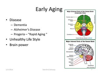 Early Aging
• Disease
– Dementia
– Alzheimer’s Disease
– Progeria – “Rapid Aging “

• Unhealthy Life Style
• Brain power

...