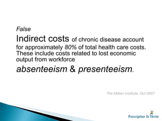 False Indirect costs  of chronic disease account for approximately  80%  of total health care costs.  These include costs related to lost economic output from workforce  absenteeism  &  presenteeism . The Milken Institute. Oct 2007 