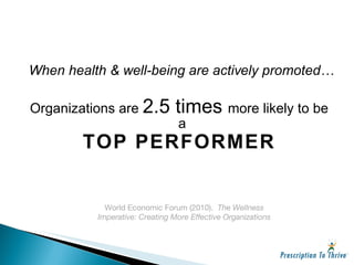 When health & well-being are actively promoted… Organizations are  2.5 times  more likely to be a  TOP PERFORMER World Economic Forum (2010).  The Wellness Imperative: Creating More Effective Organizations 