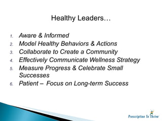 Aware & Informed Model Healthy Behaviors & Actions Collaborate to Create a Community Effectively Communicate Wellness Strategy Measure Progress & Celebrate Small Successes Patient – Focus on Long-term Success Healthy Leaders… 