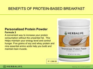 BENEFITS OF PROTEIN-BASED BREAKFAST




Personalized Protein Powder
Formula 3
A convenient way to increase your protein
consumption without the unwanted fat. This
Helps maintain your energy level and control
hunger. Five grams of soy and whey protein and
nine essential amino acids help you build and
maintain lean muscle.




                                        P 1,396.00
 