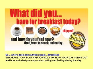 So... where does bad nutrition begin... Breakfast!
BREAKFAST CAN PLAY A MAJOR ROLE ON HOW YOUR DAY TURNS OUT
and how and what you may end up eating and feeling during the day.
 