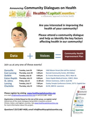 Announcing: Community                           Dialogues on Health



                                               Are you interested in improving the
                                                   health of your community?

                                               Please attend a community dialogue
                                                and help us identify the key factors
                                                affecting health in our community!


                                                                                 Community Health
       Data                                      Voices                          Improvement Plan


Join us at any one of these events!

Dansville           Tuesday, June 26        7:00 pm      1362 Mason Street (the old fire station)
East Lansing        Thursday, June 28       1:00 pm      Hannah Community Center, 819 Abbot
DeWitt              Tuesday, July 10        6:00 pm      St. Francis Retreat Center, 703 E. Main St
Eaton Rapids        Thursday, July 12       6:00 pm      Eaton Rapids Medical Center, 1500 S. Main
St. Johns           Friday, July 13         11:00 am     Clinton Commons, 1105 S. Scott Rd
Lansing             Tuesday, July 17        7:00 pm      Cooley Temple Conference Center, 217 S. Capitol Ave
Charlotte           Thursday, July 19       5:30 pm      AL!VE, 800 W. Lawrence


Please register by visiting www.healthycapitalcounties.org
or e-mail info@healthycapitalcounties.org or call (517) 887- 4428

Registration is limited based on the size of the venue, so register early!
Attend any of the seven dialogues being held in locations around
Clinton, Eaton, and Ingham counties. See www.healthycapitalcounties.org
for more information about this project.

Questions? (517) 887-4428, email info@healthycapitalcounties.org
 
