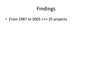 FindingsFrom 1987 to 2005 >>> 25 projects