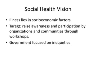 Social Health VisionIllness lies in socioeconomic factorsTaregt: raise awareness and participation by organizations and communities through workshops.Government focused on inequeties