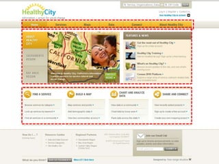 Today you will learn how to:Save searches & more with your own free accountFind a Service using the detailed health and human service database of 211s across the state (*available in 16 counties…and counting) Create an Asset Map for your community Mapthematic data along with services and other points of interestGrab a stat: Find data quick using charts and tables Learnabout advanced features 