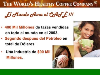 El Mundo Ama el CAFÉ !!!

• 400 Mil Millones de tazas vendidas
  en todo el mundo en el 2003.
• Segundo después del Petróleo en
  total de Dólares.

• Una Industria de $90 Mil
  Millones.
 