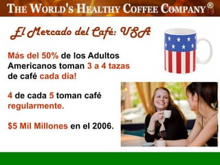 El Mercado del Café: USA
Más del 50% de los Adultos
Americanos toman 3 a 4 tazas
de café cada día!

4 de cada 5 toman café
regularmente.

$5 Mil Millones en el 2006.
 