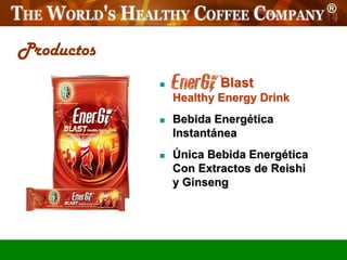 Productos
                       Blast
                Healthy Energy Drink
               Bebida Energética
                Instantánea
               Única Bebida Energética
                Con Extractos de Reishi
                y Ginseng
 
