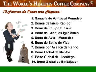10 Formas de Crear una Riqueza :
               1. Ganacia de Ventas al Menudeo
               2. Bonos de Inicio Rápido
               3. Bono de Equipo Binario
               4. Bono de Cheques Igualables
               5. Bono de Auto - Mercedes
               6. Bono de Estilo de Vida
               7. Bonos por Avance de Rango
               8. Bono Global de Mentor
               9. Bono Global de Liderazgo
               10. Bono Global de Embajador
 