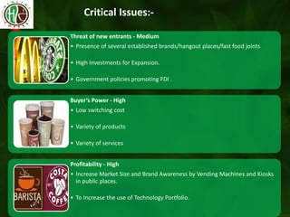 Critical Issues:-
Threat of new entrants - Medium
• Presence of several established brands/hangout places/fast food joints
• High Investments for Expansion.
• Government policies promoting FDI .
Buyer’s Po er - High
• Low switching cost
• Variety of products
• Variety of services
Profitability - High
• Increase Market Size and Brand Awareness by Vending Machines and Kiosks
in public places.
• To Increase the use of Technology Portfolio.
 